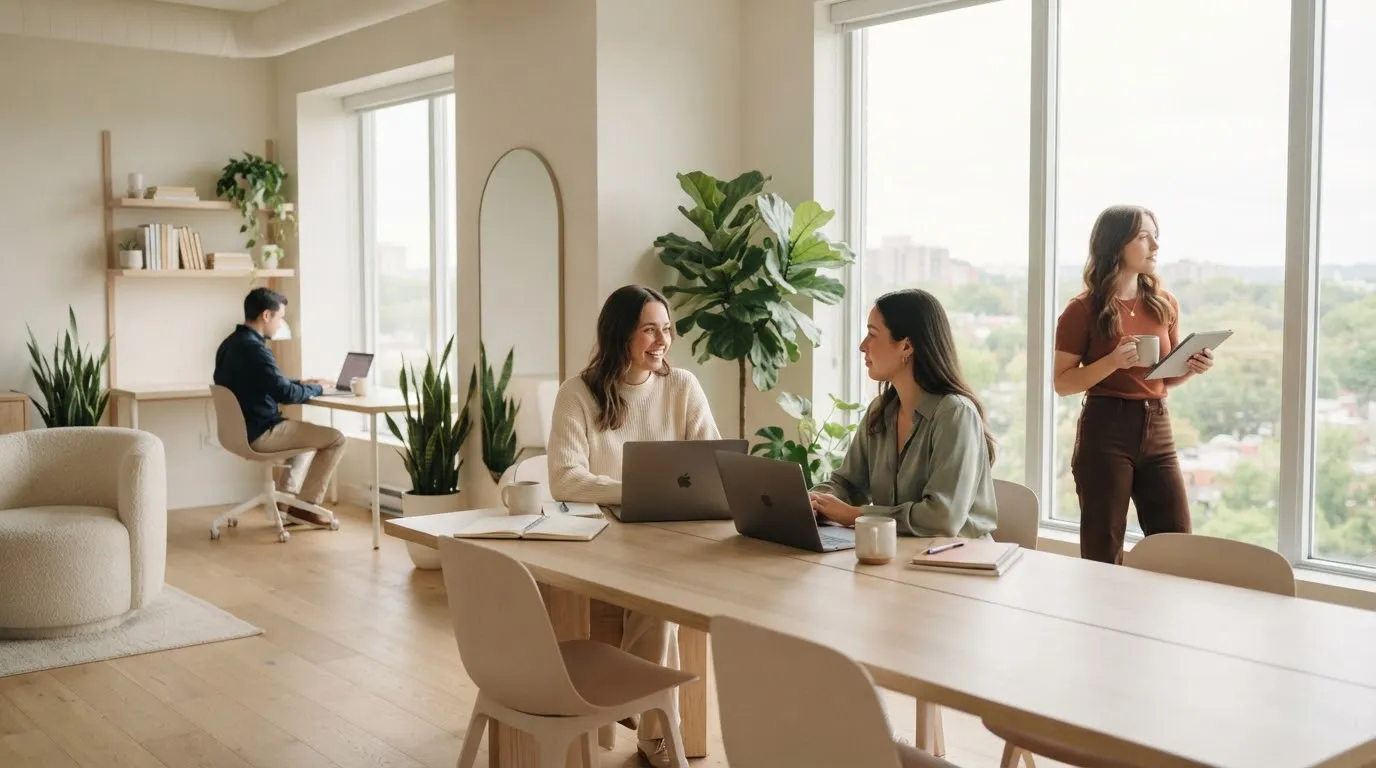 A bright, quiet workspace with a small team at their desks