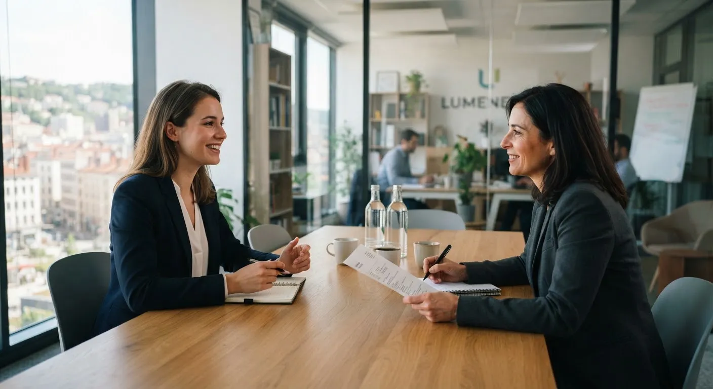 Two people in conversation across a table during a job interview
