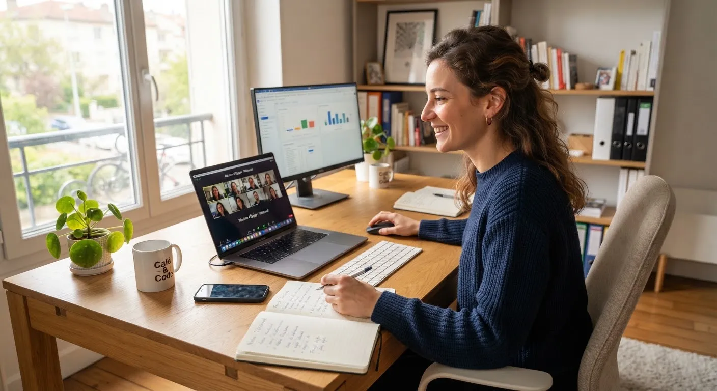 A laptop set up for remote work on a home desk by a window