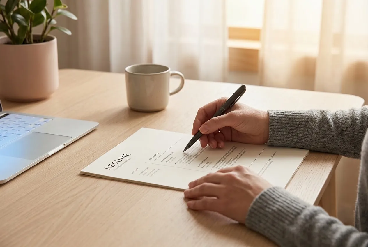 A resume laid out on a desk next to a pen and notebook